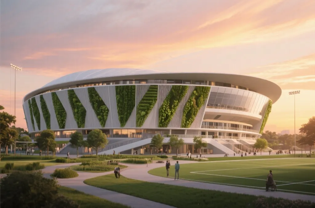 Exterior view of a state-of-the-art sustainable stadium with green landscaping under warm sunset glow