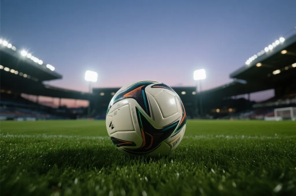 A soccer ball resting on a vibrant green field under brilliant stadium lights at dusk